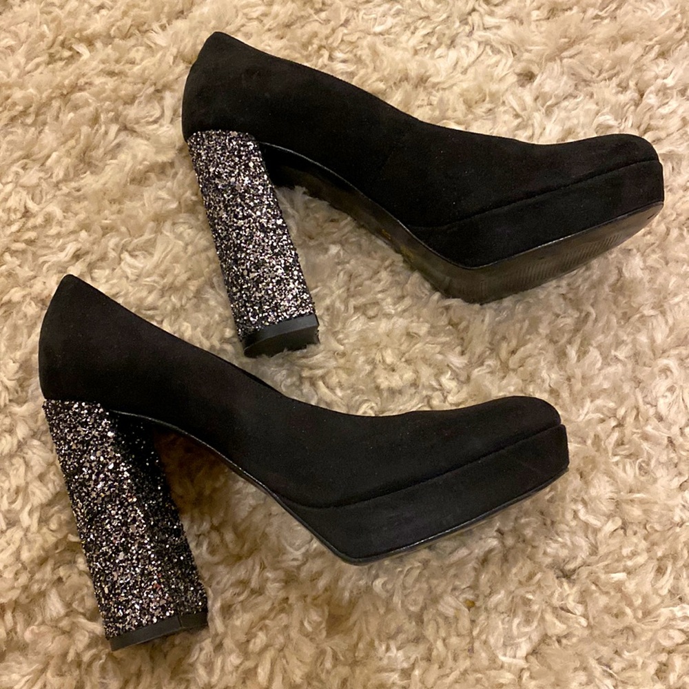 Black Suede Sandro Ferrone pumps with chunky heavy glitter 4”heels.